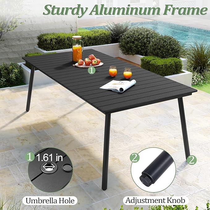 83" Patio Outdoor Dining Table for 6-8, Weather-Resistant Wood-Grain Top with Aluminum Frame & Umbrella Hole for Deck Gatherings, Black