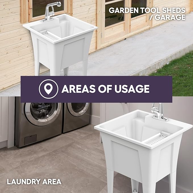 Freestanding Utility Sink with One Handle Chrome Faucet - 24" Plastic Utility Sink for Garage, Laundry, Indoor and Oudoor Use - Laundry Tub Kit by Noah William Home - White (19.5 gal)