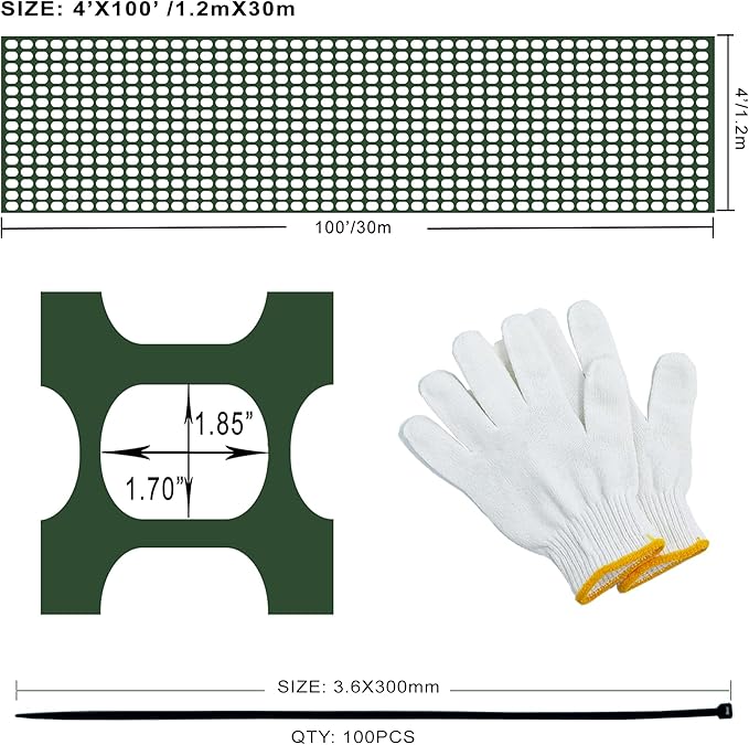 Safety Fence Plastic Mesh Fencing Roll, 4'x100' Feet 1 Roll with 100 Zip Ties, Temporary Reusable Netting for Snow Fence, Garden, Construction and Animal Barrier