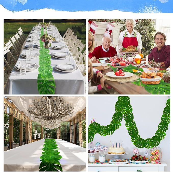 12 Pcs Palm Leaves Table Runners 72 Inch, Artificial Tropical Palm Leaves Table Runner Faux Leaf Table Cloth for Wedding Hawaiian Luau Theme Party Supply Summer Table Wall Decorations