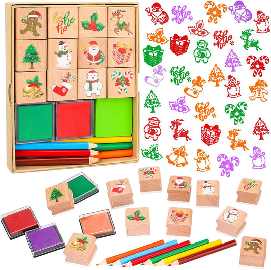 Christmas Stamps Set, Wooden Rubber Stamp with Ink Pad Colored Pencil, Holiday Square Craft Stamp for Stamping Scrapbooking Crafting Booking Card Making Stocking Filler,Christmas Favor Gift