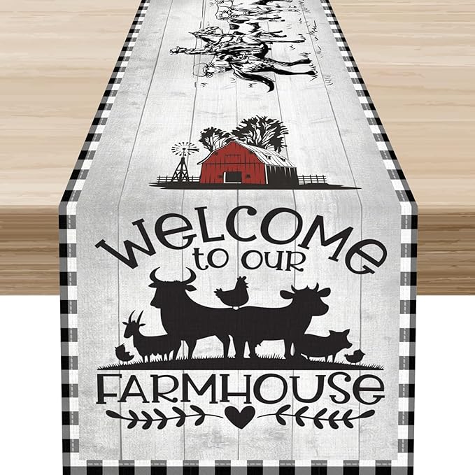 Farmhouse Cow Table Runner, Rustic Rooster Sheep Black White Plaid Animals Farm Coffee Table Center Decor for Home Kitchen Dining Patio Holiday Party Indoor Outdoor Table Decorations, 13"x108"