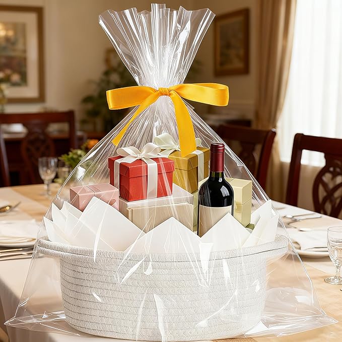 Baskets for Gifts Empty with Bag Card Ribbon Tissue Paper Small Woven Basket Gift Baskets with Handles for Valentine's Day New Year Baby Shower (White 12"X 8" X 5")