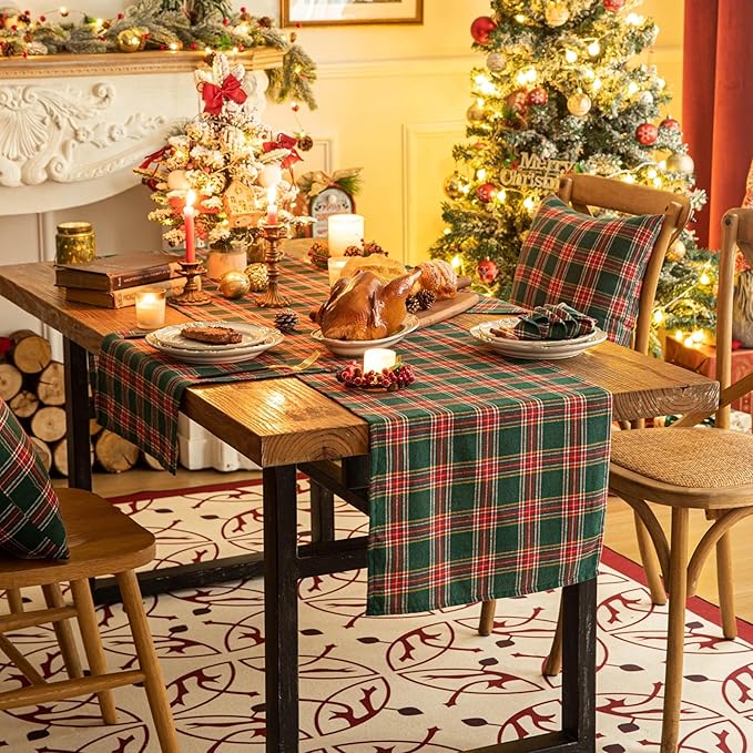 Green Red Plaid Christmas Table Runner, Winter Holiday Table Runners 48 inches Long, Xmas Decorations Indoor Outdoor Farmhouse Home Kitchen Dining Party Decor
