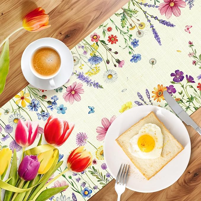 Daisy Tulip Lavender Floral Leaves Summer Table Runner, Spring Home Kitchen Dining Table Decorations Seasonal Holiday Party Decor 13×72 Inches (Colorful Flowers 1)