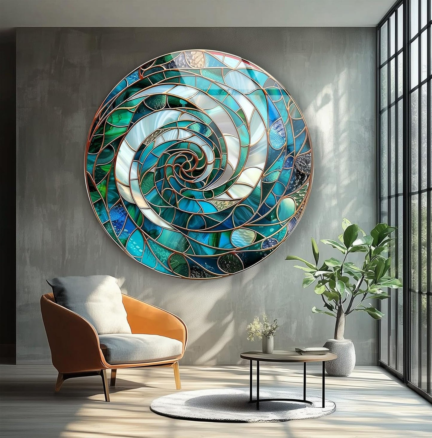 My Photostation.com 20''(50cm) Diameter Aqua Spiral Harmony Round Glass Wall Art Tempered Glass Printing Wall Decor Large Wall Art Wall Hangings