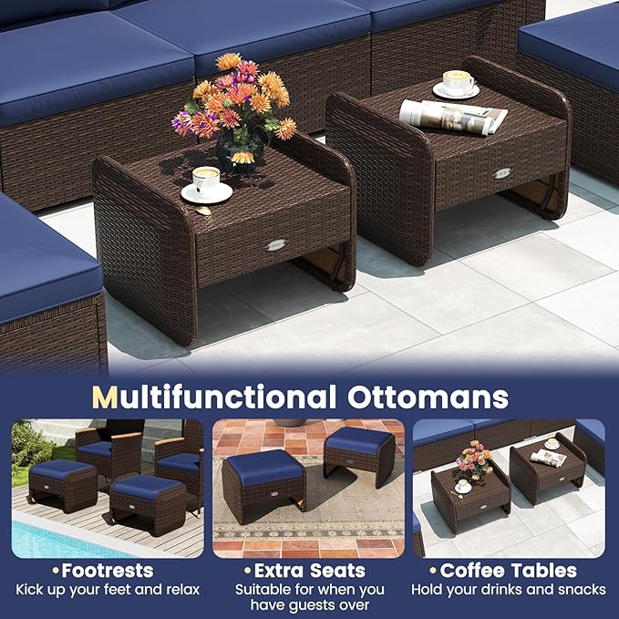 Tangkula 2 Pieces Patio PE Wicker Ottomans with Removable Cushions, Multipurpose Outdoor Furniture for Additional Seating, Footrest and Side Table, Outdoor Footstools for Porch, Backyard (Navy)