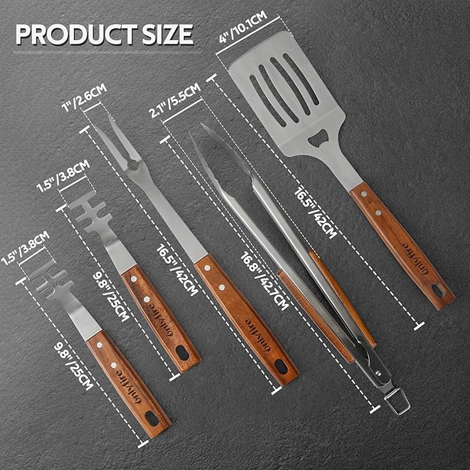 onlyfire 5PCS BBQ Tools, Heavy Duty Grill Kit with Wood Handles for Outdoor Camping, Multifunctional Griddle Utensil Set Including BBQ Spatula, Barbecue Tong, Meat Fork and Grate Liftes