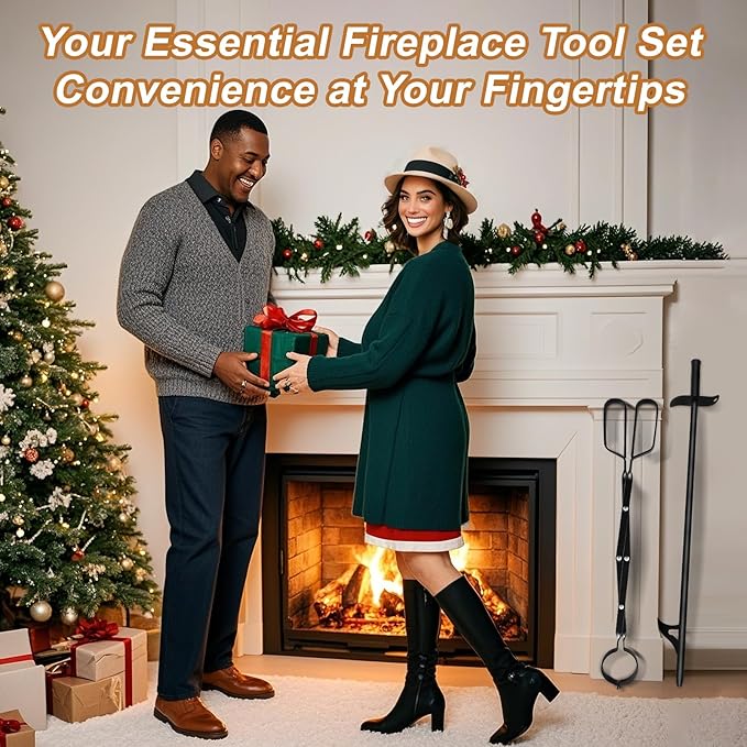 Cyrico Fire Poker and Fire Tongs Set, Heavy Duty 31 Inch Fireplace Poker with Blow Portable 23 Inch Log Grabber Firewood Tongs Fire Pit Tools Accessories for Camping Wood Stove Campfire Outdoor Indoor