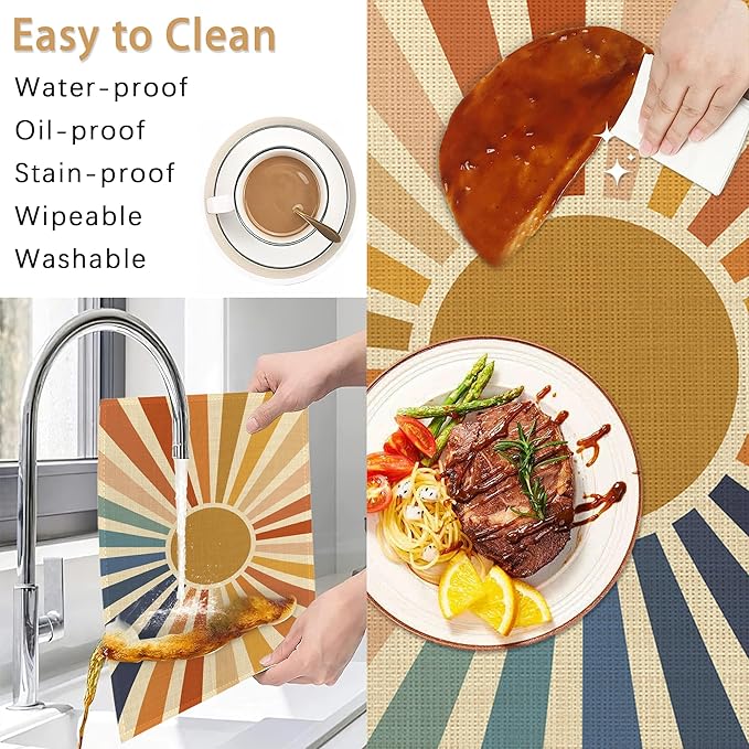 Placemats Set of 6,Vintage Boho Sun Table Mats,Sunrise Sunshine Washable Linen Table Mats,Non-Slip Heat Resistant Placemats for Party Kitchen Dining Indoor Outdoor 12"x18"