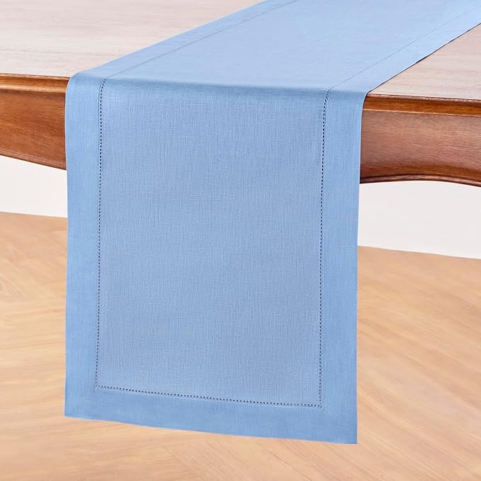 Solino Home Linen Cornflower Blue Table Runner 90 Inches Long - 100% Pure Linen Hemstitch 14 x 90 Inch Table Runner for Dining, Spring, Easter - Classic Hemstitch