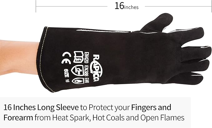 RAPICCA Welding Gloves 16IN Heat & Fire Resistant Leather for Stick MIG TIG Flux-Core Welder, Forge, Blacksmith, Fireplace, Wood Stove, Fire Pit, Furnace, Dry Ice Handling – Black – 662°F Protection