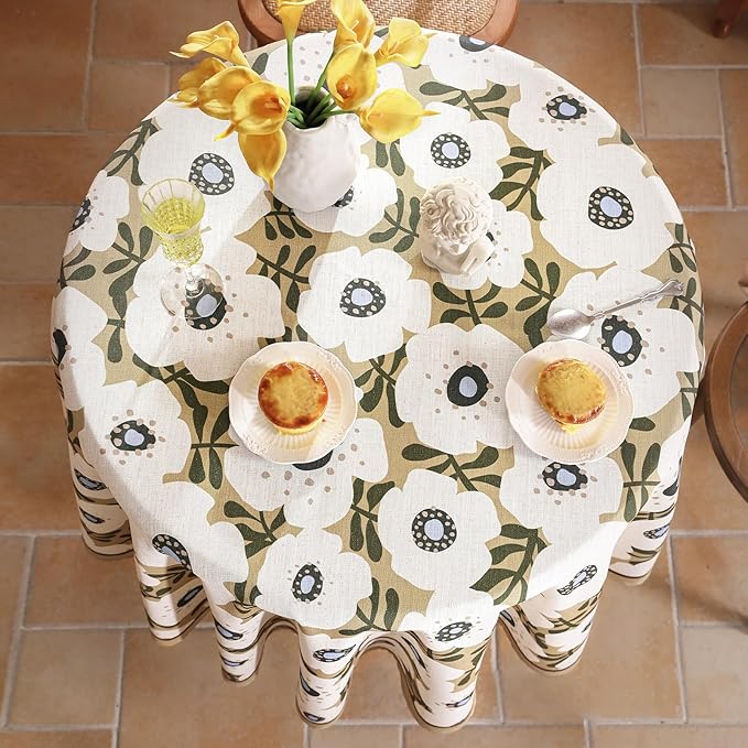 Designer Vintage Round Tablecloth,Linen French Tablecloth with White Floral Pattern,Decorative Table Cover for Kitchen,Dining,Thanksgiving,Tea Party,Diameter 67"-Hidaka