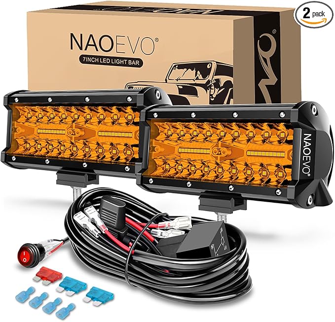 NAOEVO 7 Inch Amber LED Light Bar, 240W 24,000LM Offroad Fog/Driving Lights LED Pods with 2 Leads Wiring Harness Kit, Spot & Flood Work for Truck Boat UTV ATV, 2-Pack (Amber)