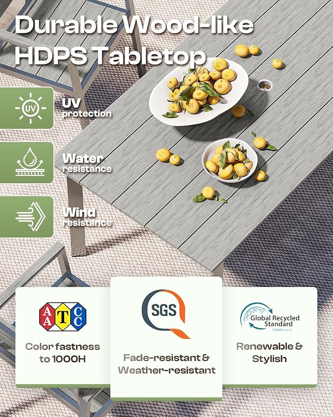 Outdoor Dining Set for 6, Patio Table and Chairs Set with Umbrella Hole, 7 Pieces HDPS + Aluminum Outdoor Furniture Sets for Patio, Garden (Gray & Teak)