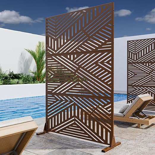 Casaphoria 72" H x 47" W Metal Outdoor Privacy Screen, Freestanding Decorative Divider for Patio, Deck, Balcony, and Garden with Stable Base, Brown-Ivan