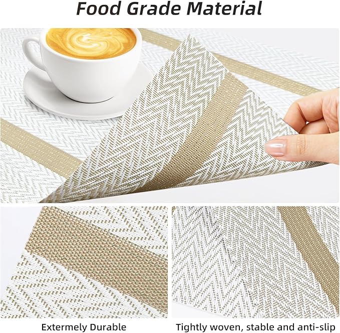Beige Placemats Set of 8 - Heat Resistant Non-Slip Place mats for Dining Table, Washable Durable PVC Vinyl Woven Table Mats (Beige)