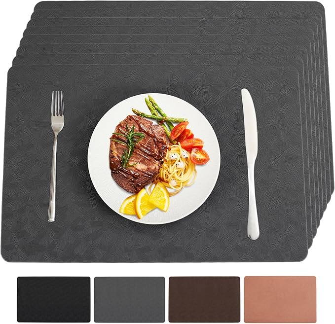 Vinyl Placemats Set of 8 Heat Resistant Easy Clean Non-Slip Place Mats for Dining Table. Faux Leather Waterproof Stain Resistant Wipeable Washable PU Table Mats(8, Gray)