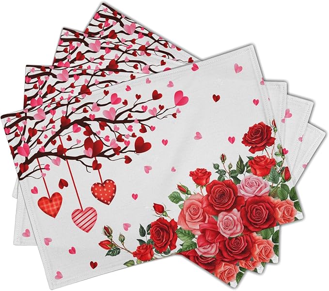 Giwawa Valentine's Day Placemats, Romantic Love Hearts Tree Branches Rose Floral Table Mat, Heat Stain Resistant Linen Place Mats for Kitchen Dining Wedding Anniversary Decor, 12"x18", Set of 4