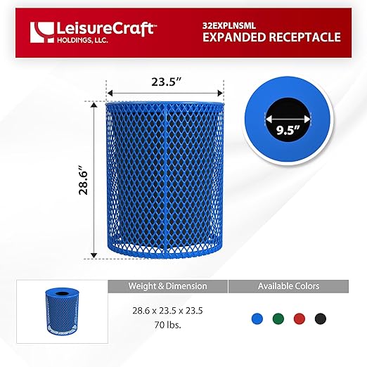 Leisure Craft Heavy-Duty 32 Gallon Receptacle, Portable, Liner Included, Made with Heavy-Gauge Metal and a Durable Thermoplastic Coating, Commercial Outdoor Park Receptacle, Made in The USA