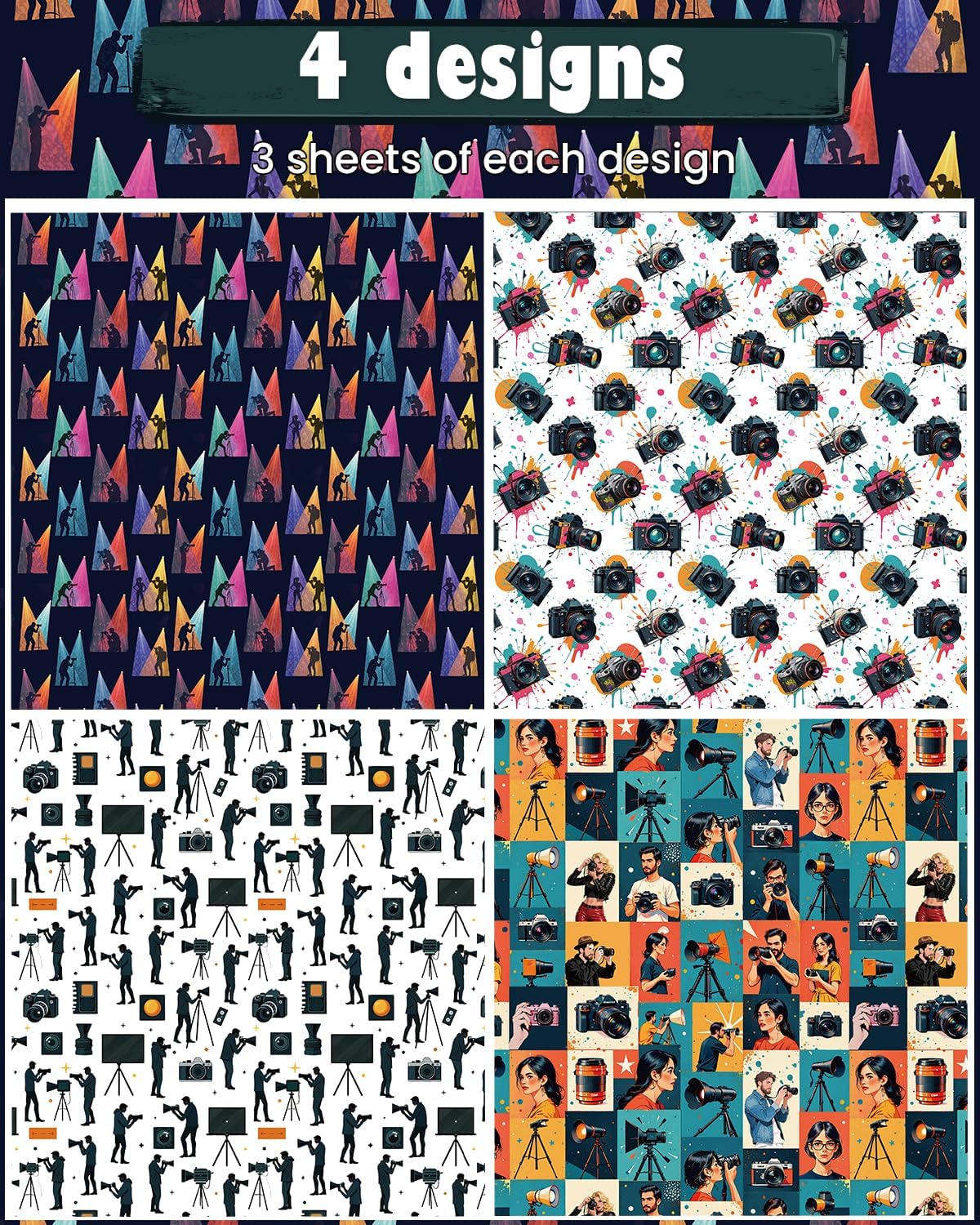 Pineraap 12 Sheets Photographer Wrapping Paper, Photography Gift Wrap Paper with Equipment, Camera, Photos & Scenes, Folded Flat Art Paper for Birthday DIY Crafts, 19.7 x 27.6 Inch (B)
