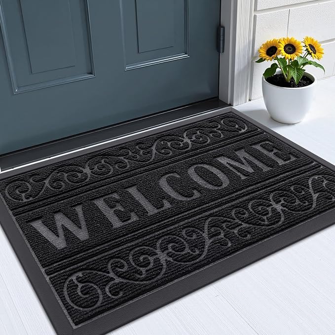 OLANLY Welcome Door Mat Indoor Outdoor Entrance, Heavy Duty Sturdy Front Door Mat, Waterproof All-Weather Doormat, Stain Resistant, Low Profile, Easy Clean Patio Entryway Mat, 29.5 x 17, Black