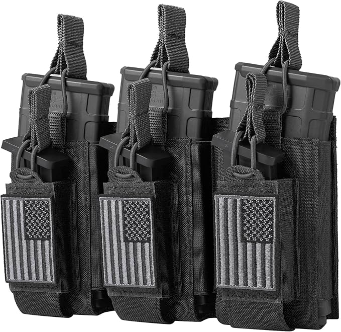 Open-Top Single/Double/Triple Molle Mag Pouch for 5.56mm M4 M16 AK AR Glock M1911 9mm Elastic Rifle Magazines Pistol Mag Pouches Holder Carrier with USA Flag Patch