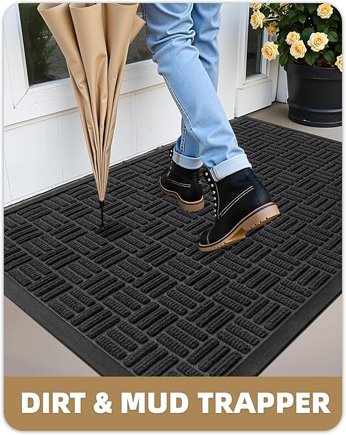 Color&Geometry Front Door Mat Outside Entrance, Heavy Duty Non Slip Low Profile Doormat for Entryway, Trap Dirt and Moisture Welcome Mats All-Weather, Easy Clean, Patio, Garage, 24"x36" Black
