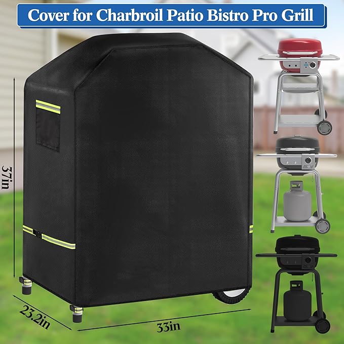 Grill Cover, 600D Heavy Duty Waterproof Small BBQ Grilling Cover with Reflective Straps and Handles, Compatible for Weber Charbroil Bistro Pro Electric Grill & Griddle, L33*W23.2*H37