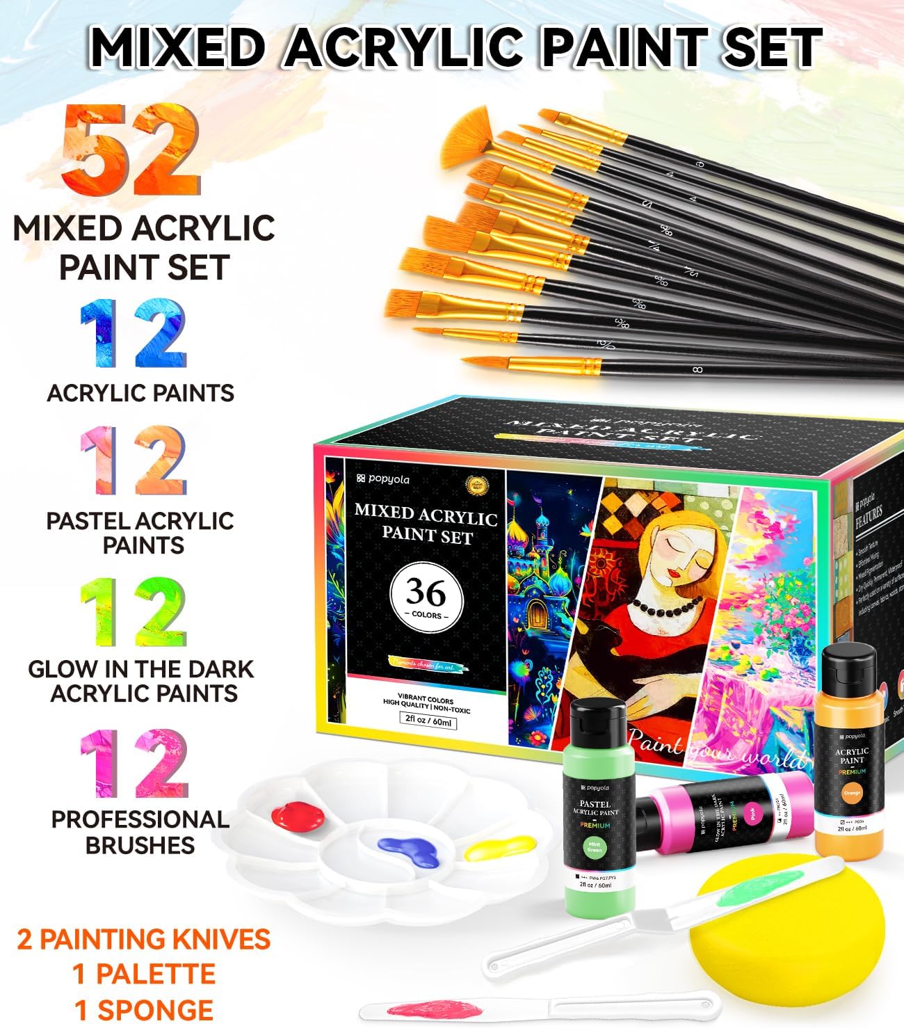 52 PCS Classic & Pastel & Glow in the Dark Acrylic Paint Set with 12 Brushes, 2 Knives & Palette, 36 Colors Art Craft Paint for Beginners, Halloween Pumpkin Canvas Ceramic Rock Painting Kit