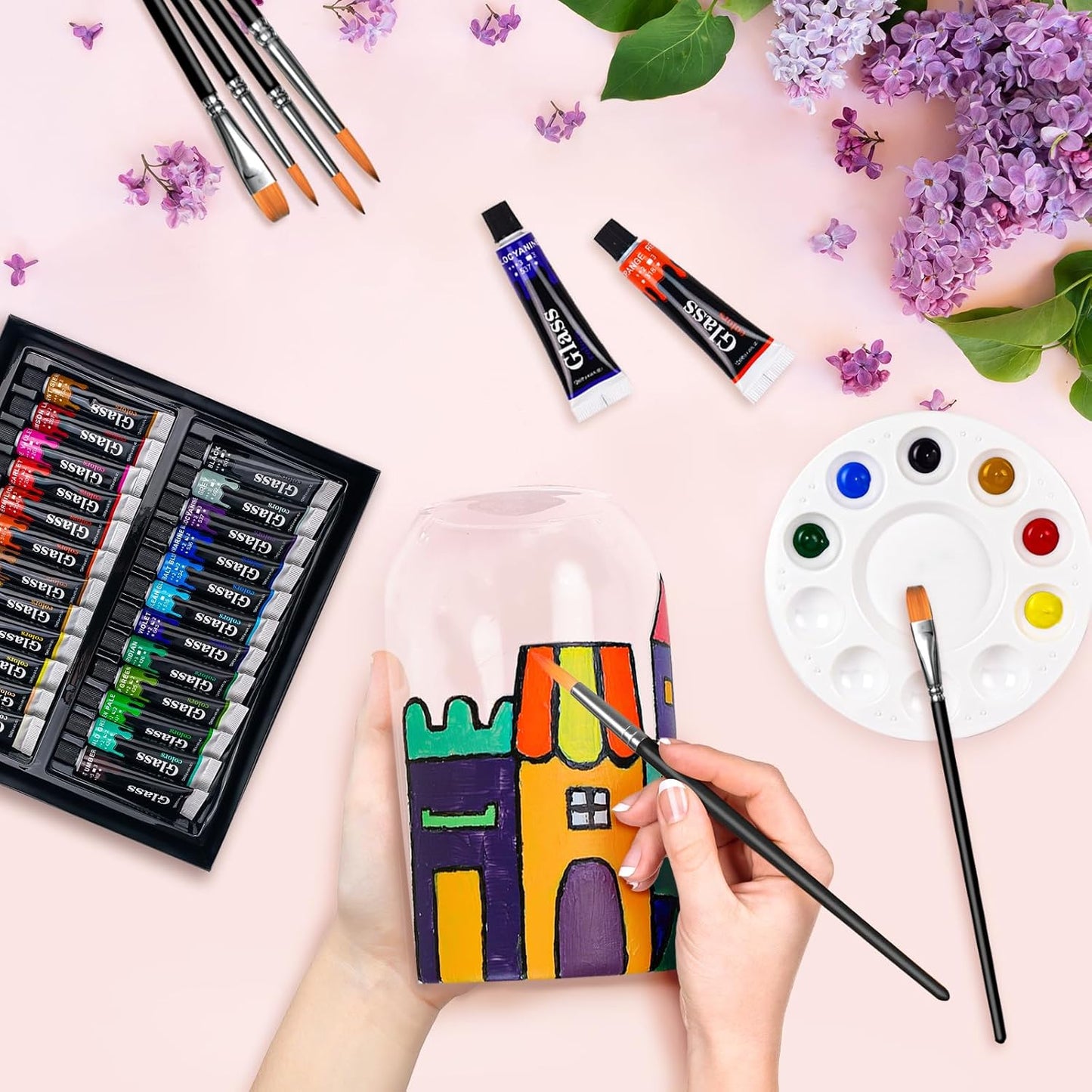 Colorful Stain Glass Paint Set with 6 Brushes, 1 Palette, 24 Color Waterproof Acrylic Enamel Painting Kit for Kids to Arts on Transparent Wine Glasses, Light Bulbs, Windows and Ceramics