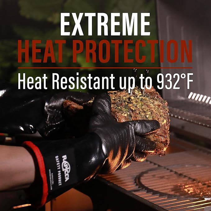 RAPICCA 932°F Heat Resistant BBQ Grill Gloves: Oil Resistant Waterproof for Smoking Grilling Cooking Barbecue Deep Frying Turkey Rotisserie Handling Hot Greasy Meat | Great Stocking Stuffers for Men