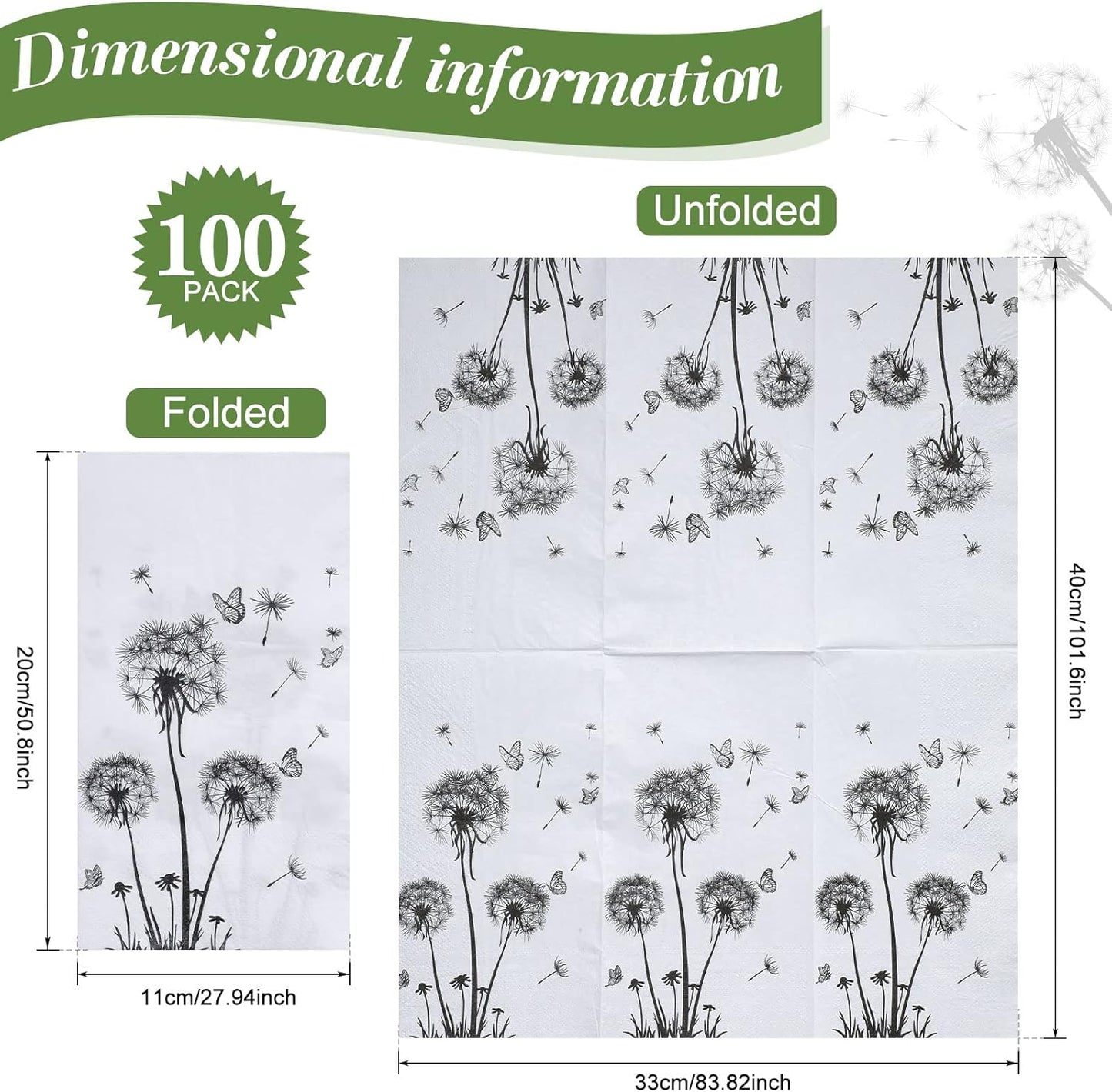 100 Sheets Dandelion Guest Towels Disposable for Bathroom Disposable Paper Napkins for Dinner Party Kitchen Floral Paper Hand Towels for Guest Party Supplies (4.3 x 7.9 Inch)
