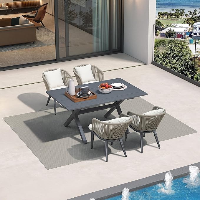PURPLE LEAF 5 Pieces Patio Dining Set Wicker Outdoor Furniture Rectangular Table and Chairs Set for Garden Deck Aluminum Frame Backyard Kitchen Set, Cushions and Pillows Included Taupe