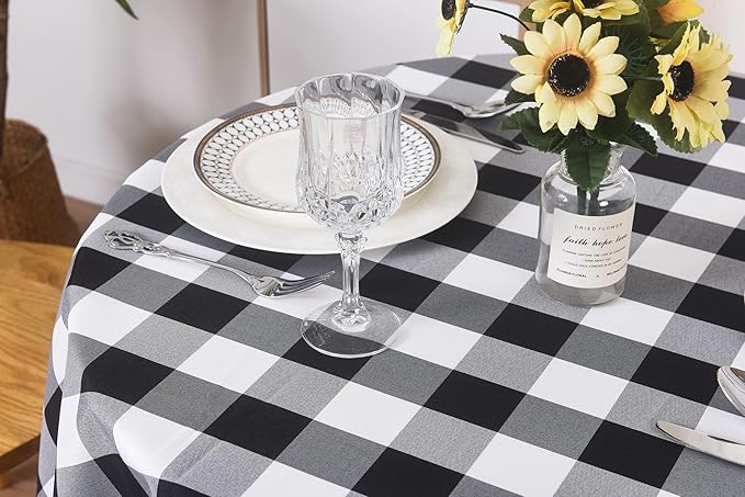 Cupuamon 2 Pack Waterproof Polyester Fabic Round Checkered Tablecloth，60 Outdoor Table Cloth，Oil Stain Prevention Table Cloth for Pinics and Parties（Black and White）