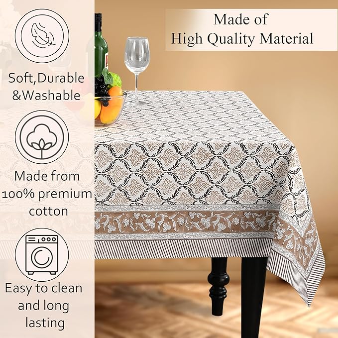 CPC Sandstone Regal Tablecloth 100% Cotton 70x108 Inch Indian Block Print Rectangle Table Cover, Table Cloth for Gifting in Weddings, Halloween, Fall, Christmas, Thanksgiving