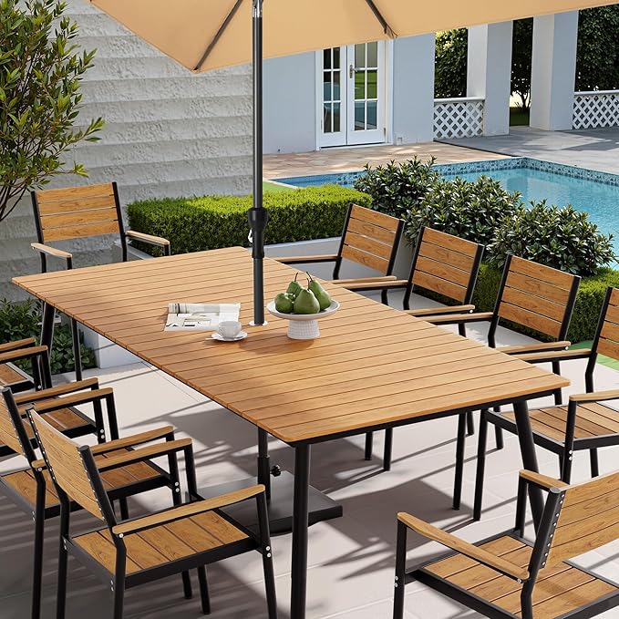 95" Patio Outdoor Dining Table for 8-10, Weather-Resistant Wood-Grain Top with Aluminum Frame & Umbrella Hole for Deck Gatherings, Brown