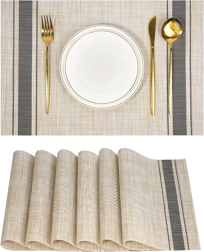 Placemats Set of 6，Non-Slip PVC Weave Table Mats Easy to Clean，Heat Resistant Place Mats for Kitchen Dining Table Decoration Indoor Outdoor，Khaki Gray