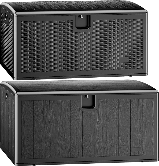 JEKO&JEKO 185 Gallon Outdoor Storage Box Set, 2-Pack (75 Gallon & 110 Gallon) Deck Boxes with Lockable Lid for Patio and Garden, Black