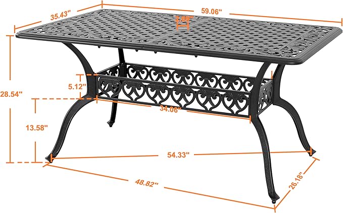 NUU GARDEN 60" Outdoor Dining Table with 2.09" Umbrella Hole, All Weather Cast Aluminum Outdoor Patio Table, 6-8 Person Rectangle Dining Table, Backyard Bistro Table for Garden, Poolside, Black