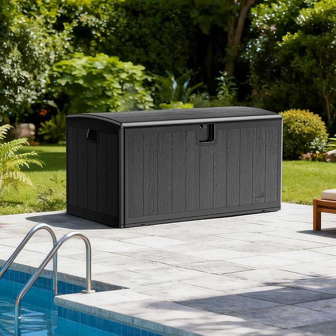 JEKO&JEKO 220 Gallon Outdoor Storage Box Set, 2-Pack 110 Gallon Plastic Deck Boxes with Lockable Lid for Patio, Garden Tools, Outdoor Cushions and Shoes, Black