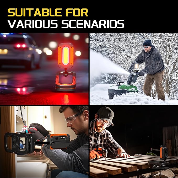 Rechargeable Work Light with Clamp, 3000LM Clip on Lamp with Magnet, Hook, Telescopic Stand, 360° Rotatable Portable LED Clamp Work Light for Boat, Job Site, Workshop, Car, Desk, Bench(1Pack)