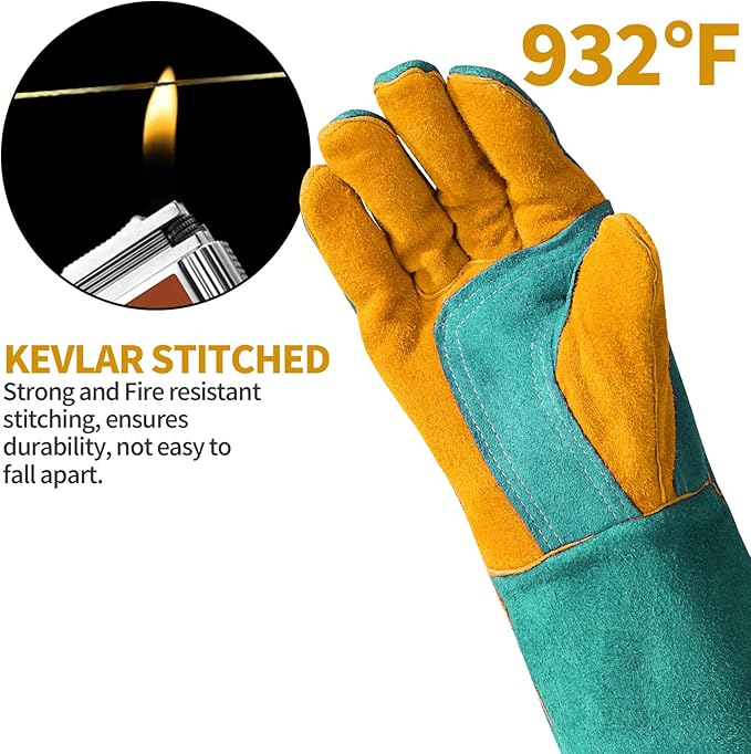 Leather Welding Gloves - Thick Premium Cow Split Leather, Heat Resistant, Welding, Grilling, BBQ & Fireplace