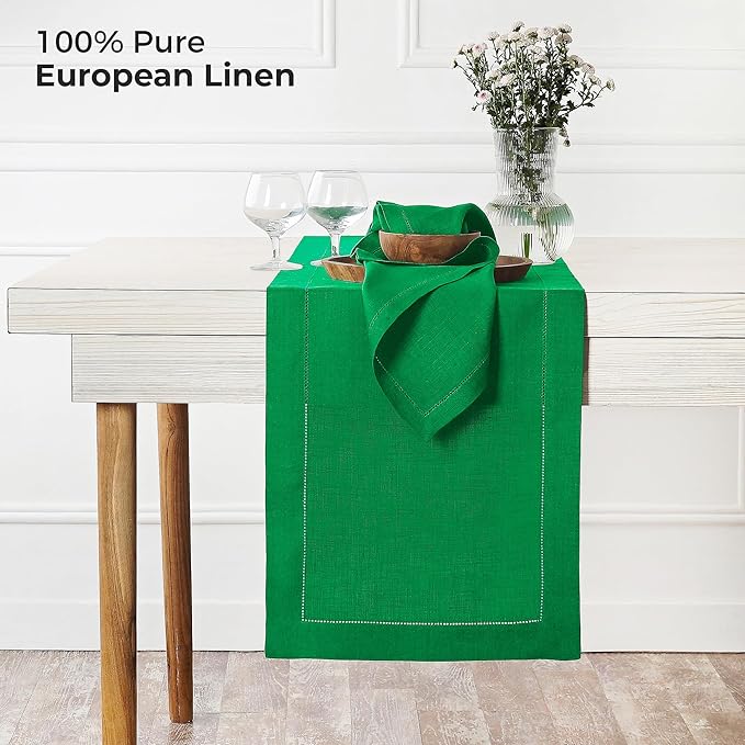D'Moksha Homes Linen Kelly Green Table Runner 48 Inches - Classic Hemstitch, 100% Pure Linen Coffee Table Runner 14 x 48 Inch Ideal for Dresser Tables - St Patricks Day, Easter