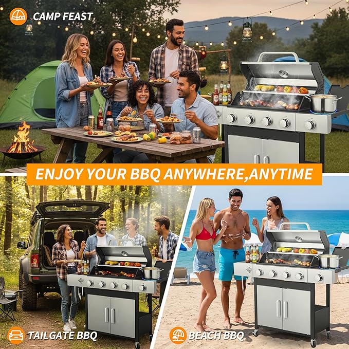 4-Burner Gas Grill, 46,790 BTU Outdoor BBQ Grill with Infrared Side Burner, Porcelain Cast Iron Grates & Stainless Steel Build for Fast Heating, Easy Clean (Backyard, Camping, Tailgating)