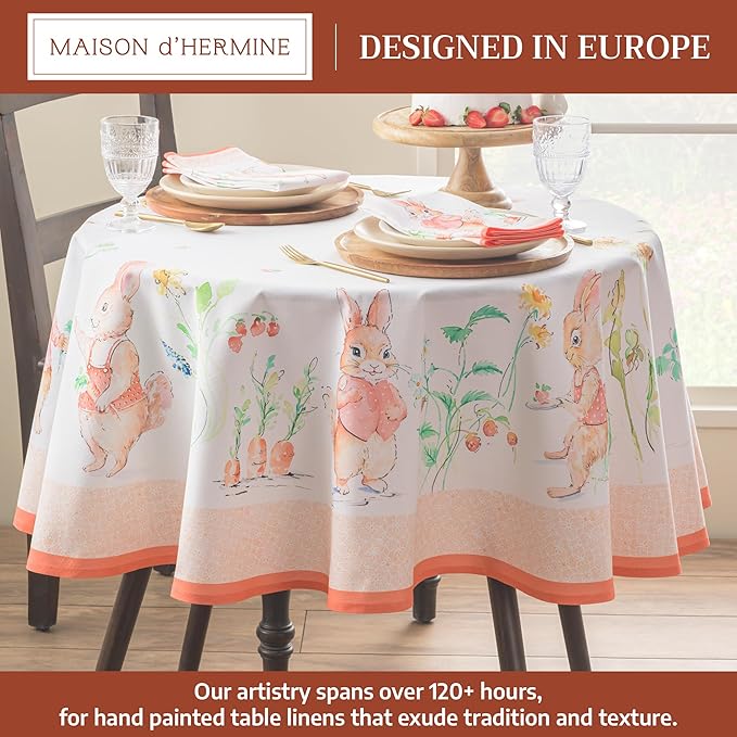 Maison d'Hermine Table Cloth Round Table 100% Cotton Tablecloth for Dining Room, Farmhouse, Home, Hotel, Parties & Wedding - Ideal for Easter Decorations Spring & Summer (Bunny Party, 69" Round)