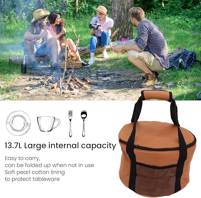 Camping Tableware Carrying Bag, 13.7L Large Capacity Waterproof Picnic Flatware Storage Bag, Outdoor BBQ Round Storage Bag for Plates Dishes Pots Bowls Utensils