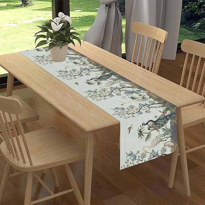 Blue Peacock Table Runner,Rustic Light Blue Crane Floral Branch Table Center Decor for Home Dining Kitchen Patio Holiday Party Indoor Table Decorations, 13"x108"