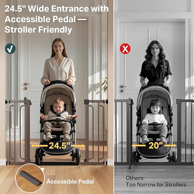 Cumbor 29.7-59" Extra Wide Baby Gate for Stairs, Pressure Mounted Dog Gate for Doorways, Auto-Close Easy Walk Through Safety Child Gate for Kids Toddler, Tall Pet Gates Indoor, Brown