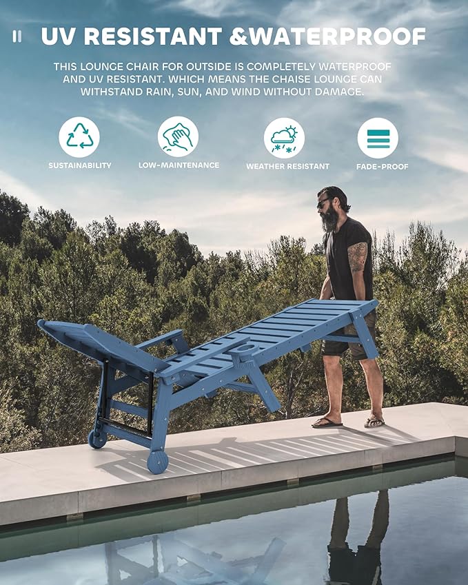 SERWALL Outdoor Lounge Chairs Set with Side Table, HDPE Patio Chaise Lounge All Weather Outdoor Lounger Set of 3 for Pool, Deck, Blue